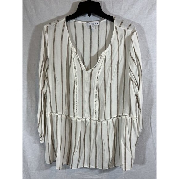 Fever 2X Long Sleeved White Striped Tunic Blouse - Picture 1 of 7